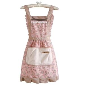 Apron Bib Sweet Vintage Retro Vibe  Pockets Waist Tie Floral Polka Dot Pink Tan